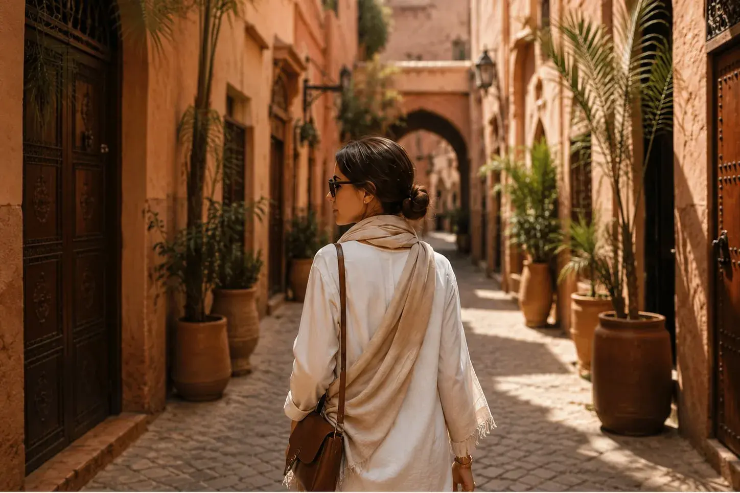 Voyageuse marchant dans une ruelle ensoleillée de Marrakech