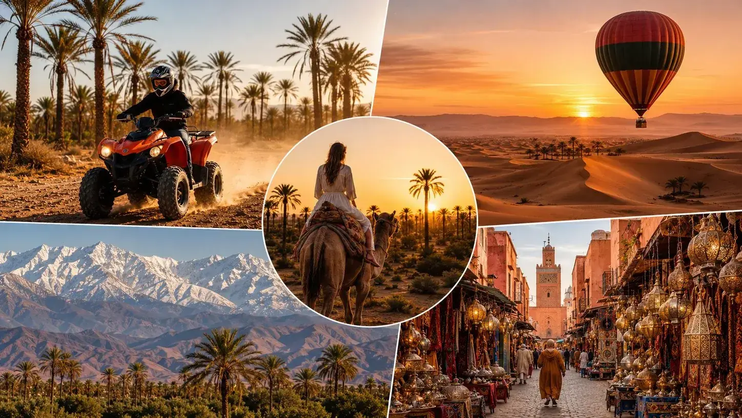 Collage von Erlebnissen in Marrakesch — Quad, Heißluftballon, Kamelritt, Atlasgebirge und Souks