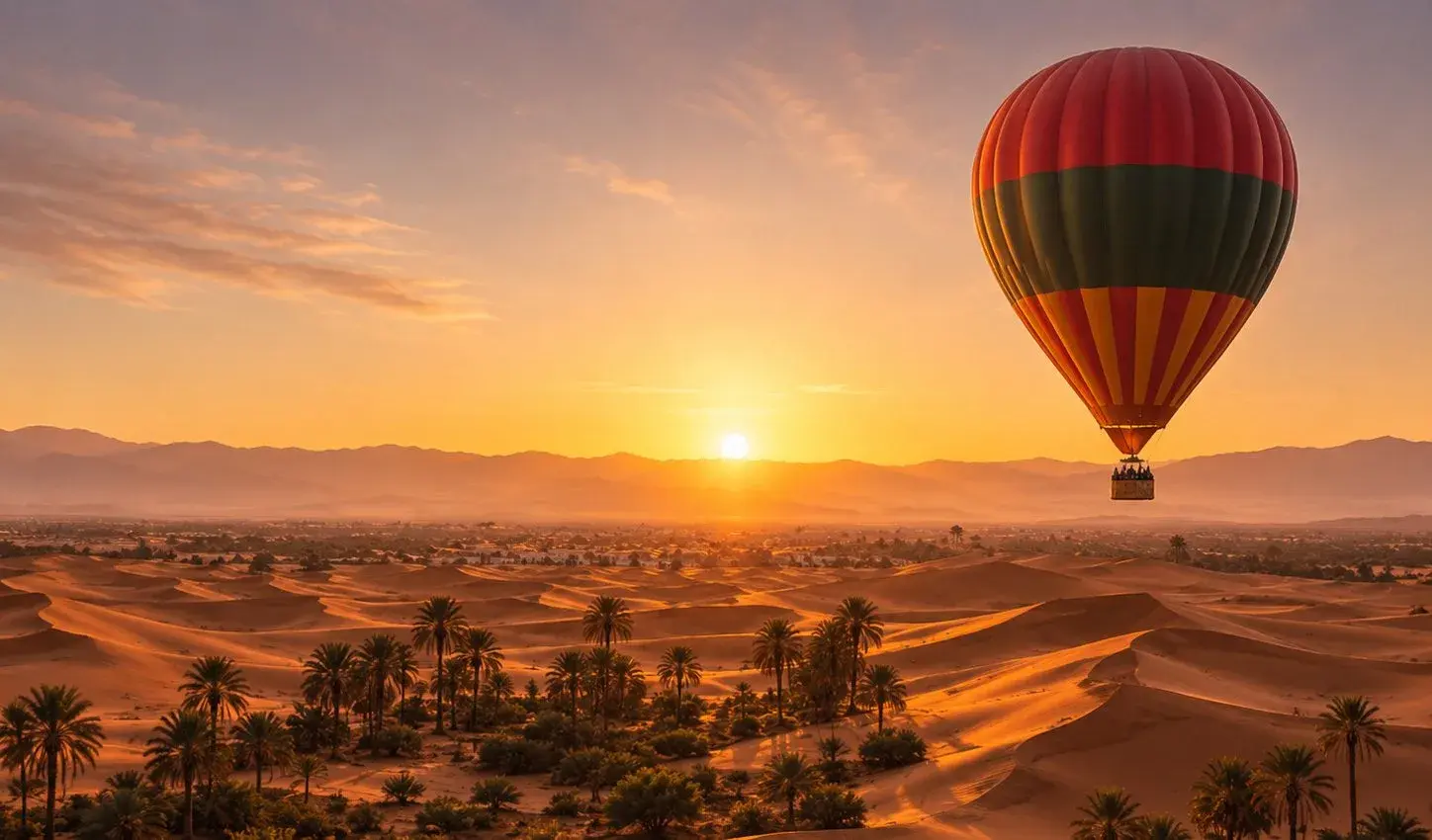 Montgolfière survolant le désert au lever du soleil près de Marrakech