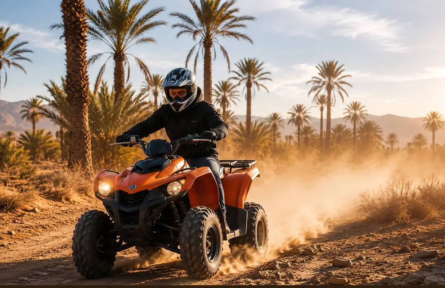 Pilote en quad fonçant à travers la palmeraie près de Marrakech