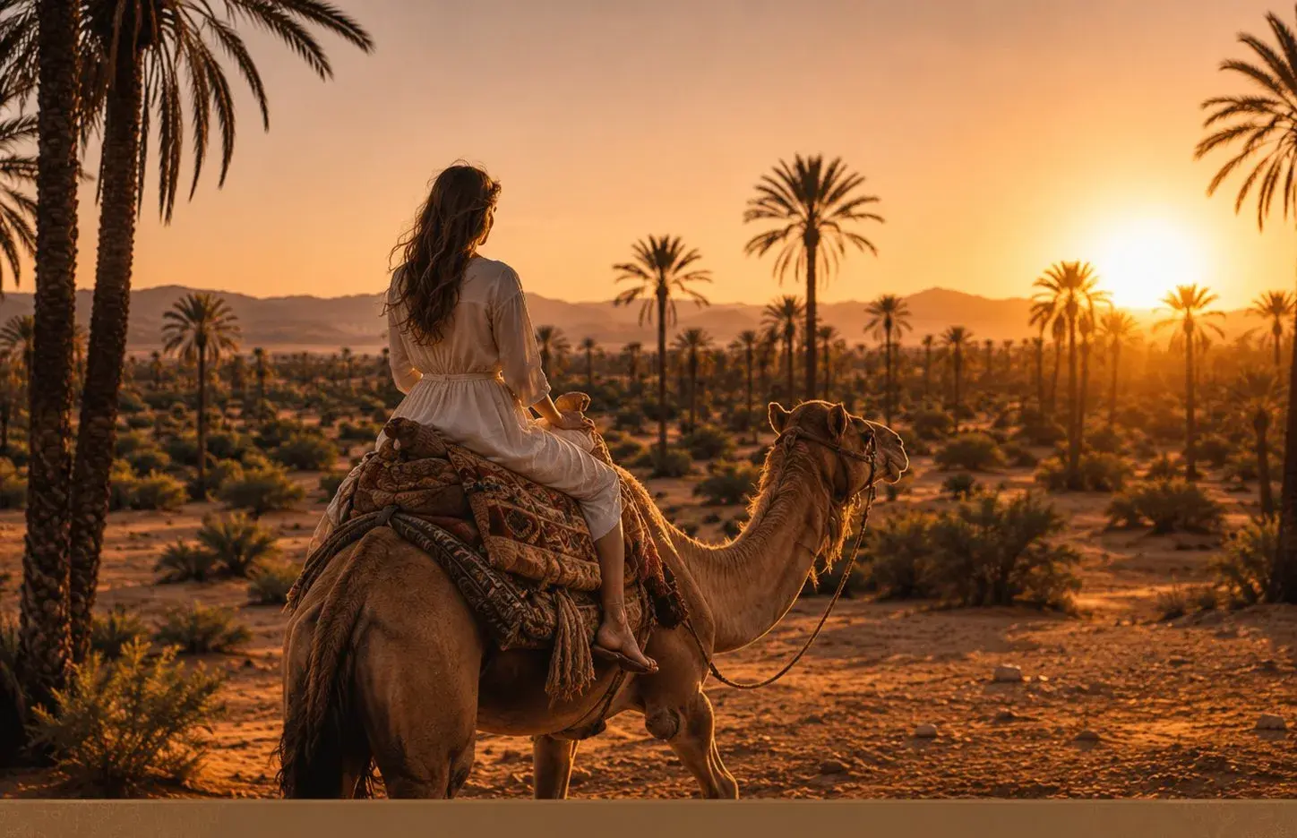 Femme à dos de chameau au coucher du soleil dans la palmeraie de Marrakech
