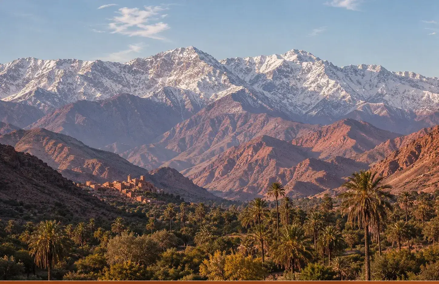 Montagnes enneigées de l'Atlas au-dessus d'une vallée verdoyante près de Marrakech