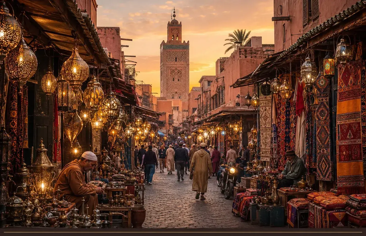 Ruelle de souk éclairée de lanternes dans la médina de Marrakech au crépuscule