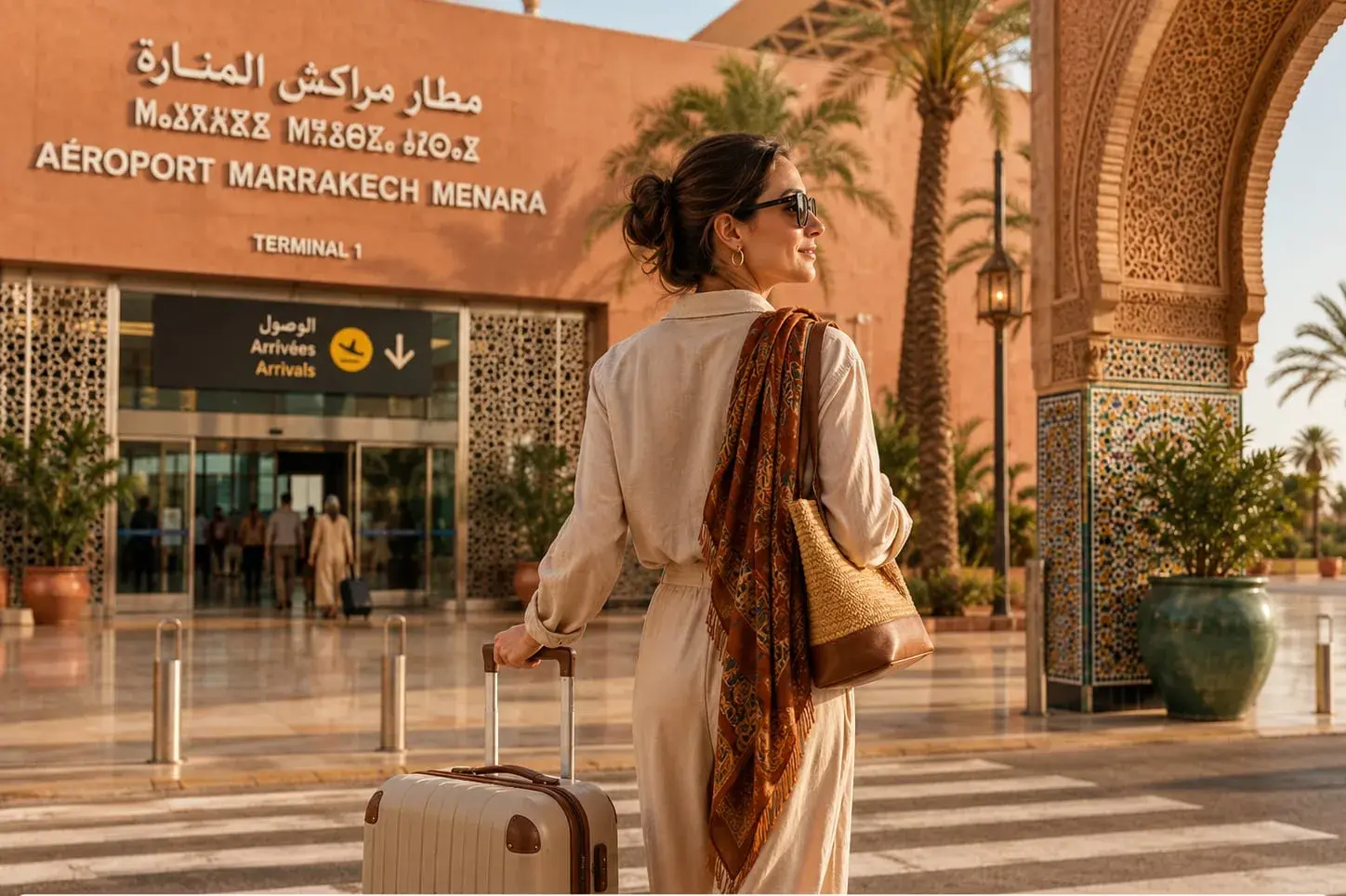Voyageuse arrivant à l'aéroport de Marrakech Menara avec une valise