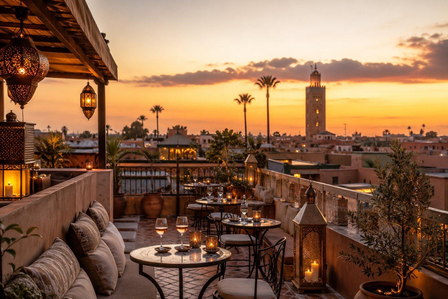 Dachterrasse bei Sonnenuntergang mit Weingläsern und dem Koutoubia-Minarett in Marrakesch