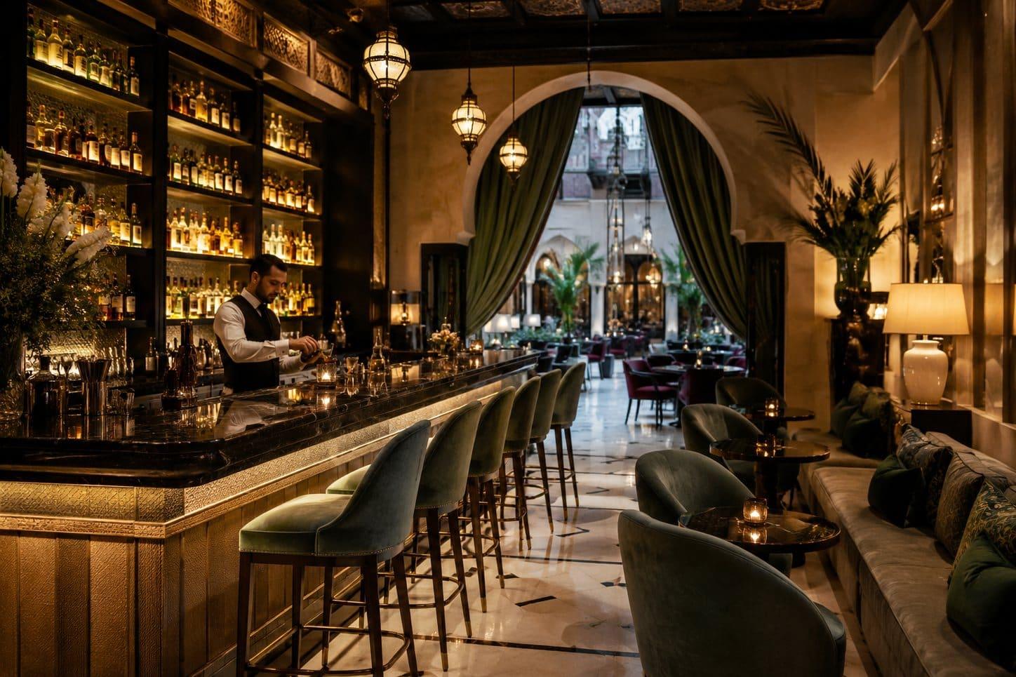 Elegante bar de hotel con un camarero en Marrakech