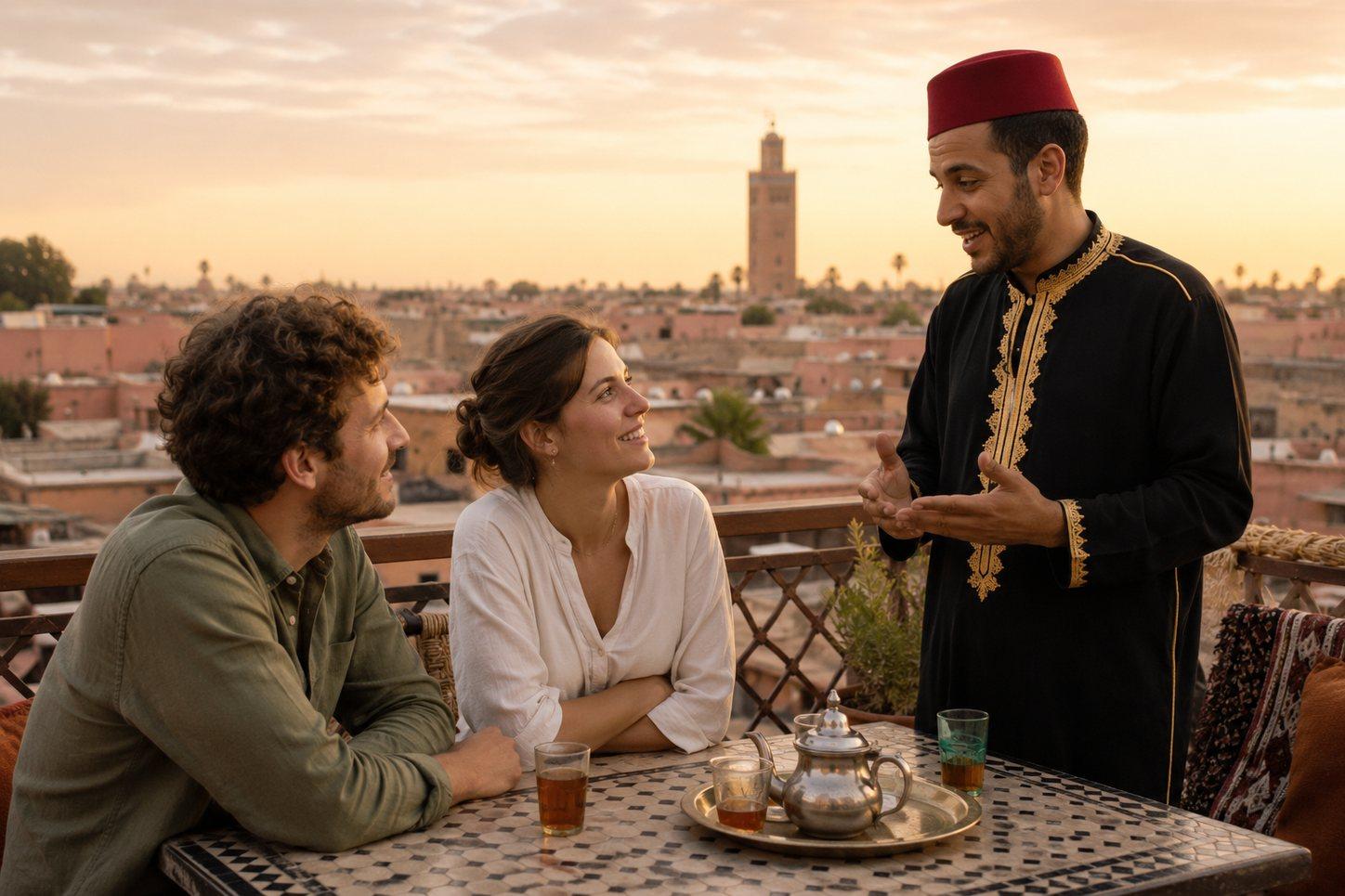 Camarero sirviendo té de menta a unos clientes en una azotea de Marrakech al atardecer