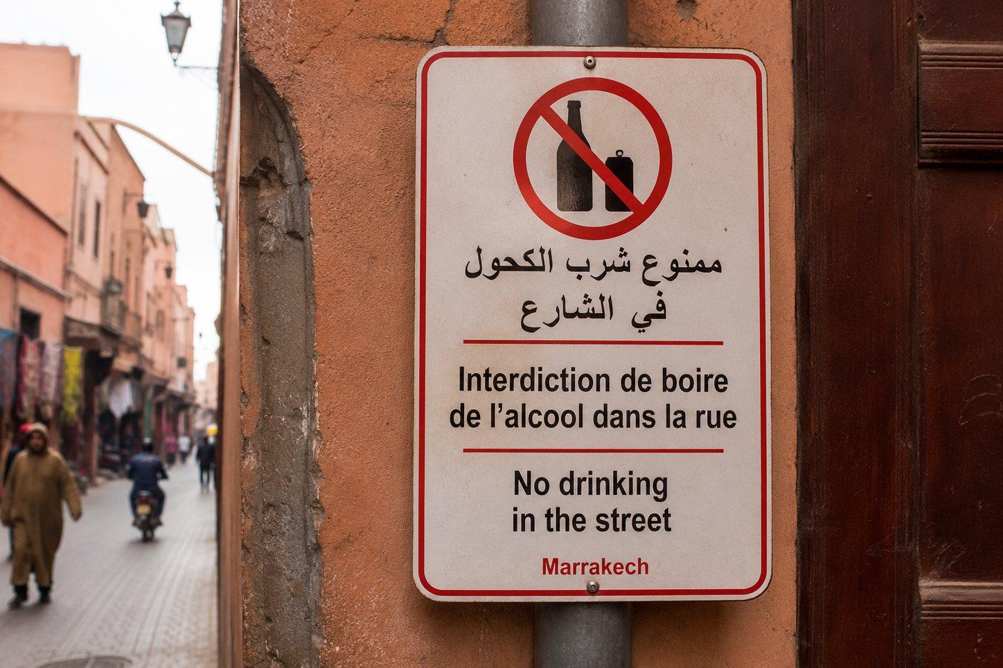 Cartel trilingüe «Prohibido beber alcohol en la calle» en un muro de Marrakech