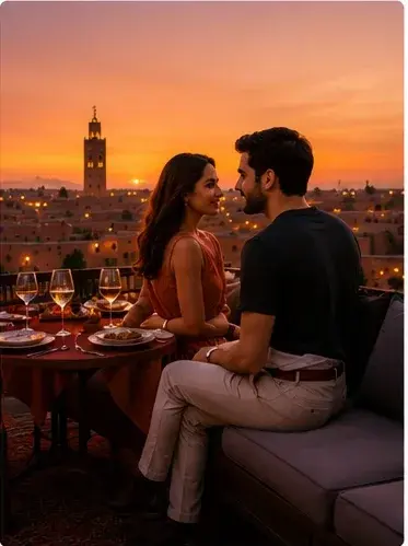 Paar genießt einen romantischen Dachterrassen-Blick über Marrakesch bei Sonnenuntergang