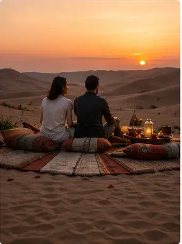 Paar in der Agafay-Wüste bei Sonnenuntergang