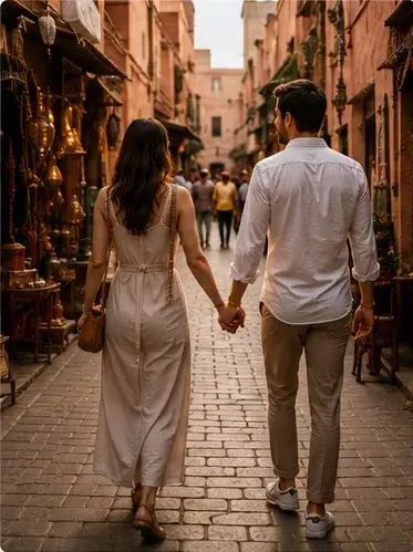 Paar geht dezent durch die Medina von Marrakesch