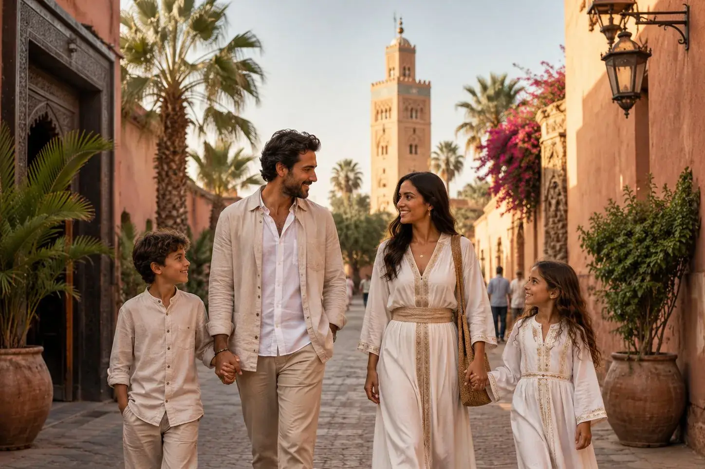 Famille avec deux enfants marchant près de la Koutoubia à Marrakech
