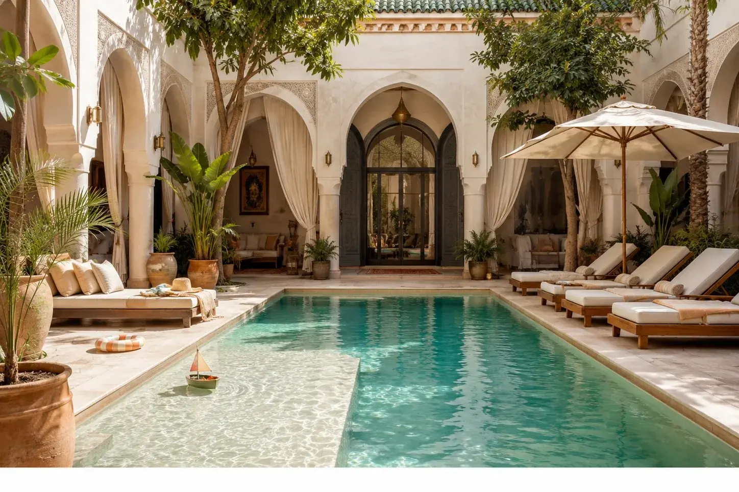 Sonniger Innenhof-Pool in einem familienfreundlichen Riad in Marrakesch