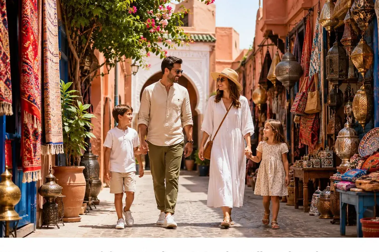 Familie mit zwei Kindern in einem bunten Souk in Marrakesch