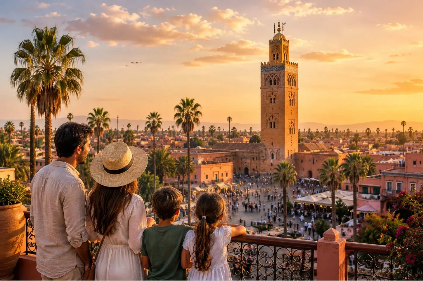 Familie auf einer Dachterrasse in Marrakesch mit Blick über die Stadt bei Sonnenuntergang
