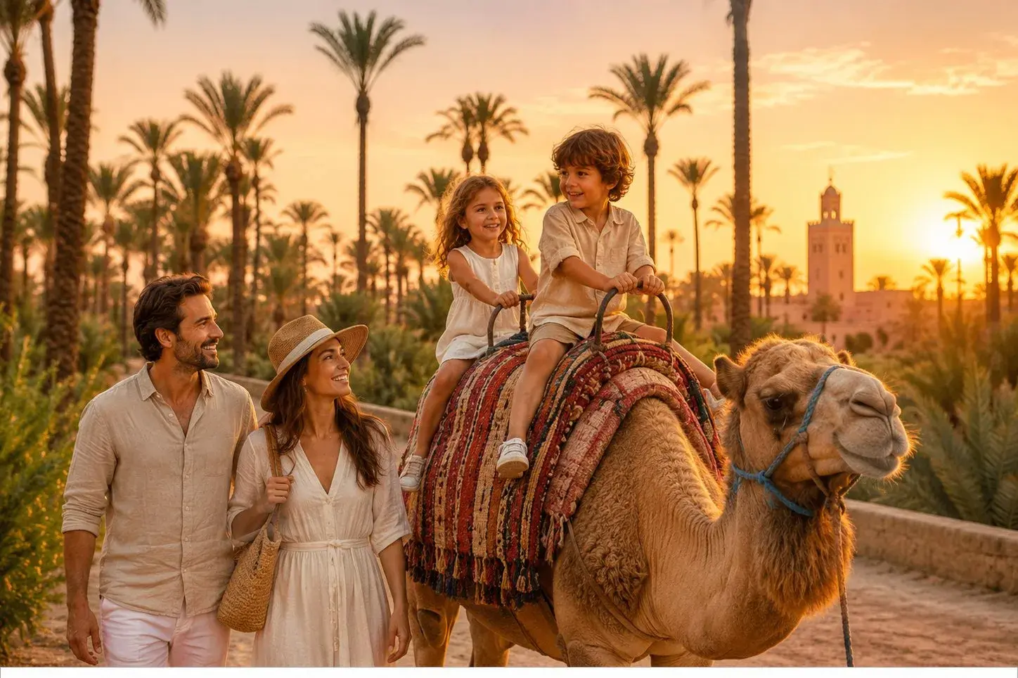 Zwei Kinder beim Kamelritt bei Sonnenuntergang nahe Marrakesch