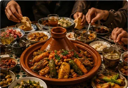 Freunde teilen ein traditionelles marokkanisches Festmahl mit Tajine und Brot