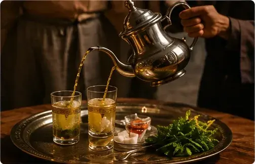 Pouring Moroccan mint tea from a height