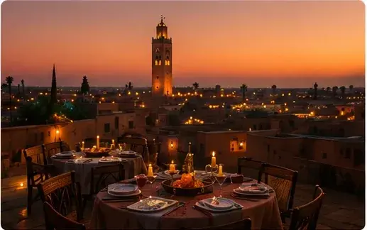 Rooftop dinner setting in Marrakech at dusk