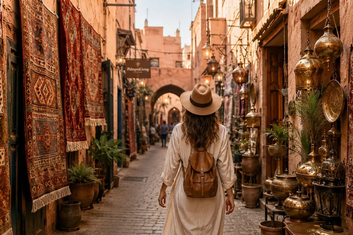 Voyageuse découvrant une ruelle de tapis dans la médina de Marrakech