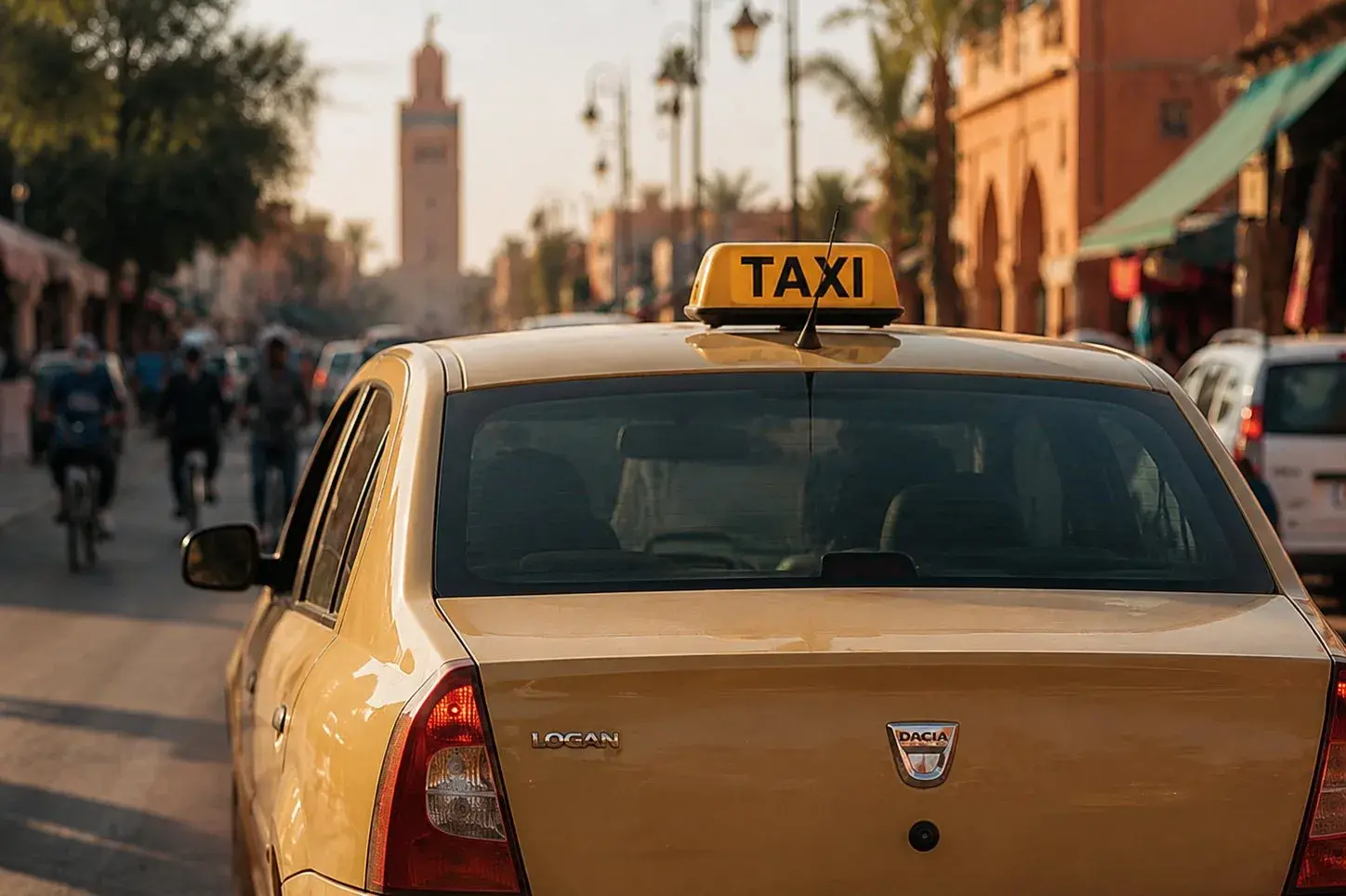 Petit taxi jaune dans une rue de Marrakech près de la Koutoubia
