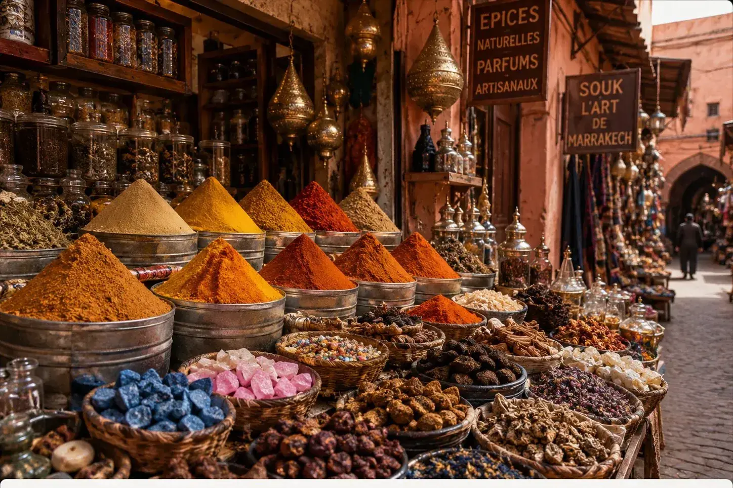 Étal d'épices coloré dans un souk de Marrakech