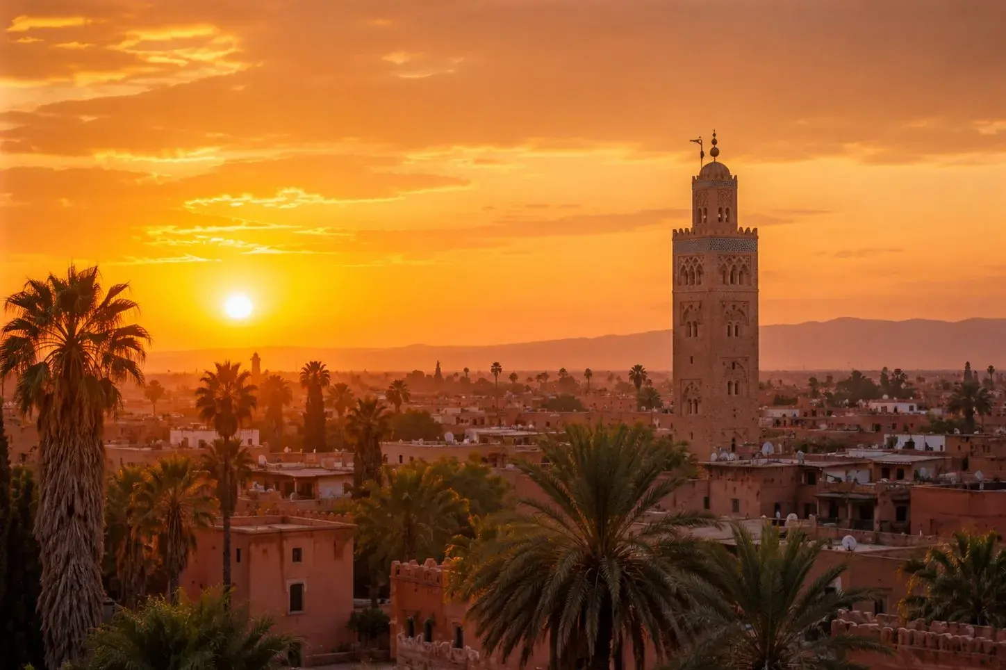 Panorama de Marrakech avec la Koutoubia au coucher du soleil doré