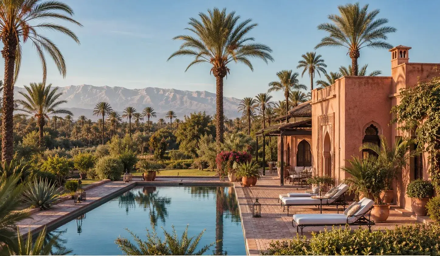 Luxusvilla in der Palmeraie mit Pool und Palmen vor dem Atlasgebirge nahe Marrakesch