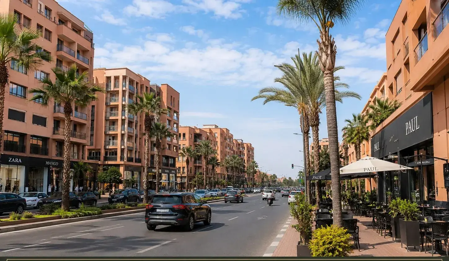 Boulevard moderne avec boutiques et cafés à Guéliz, Marrakech