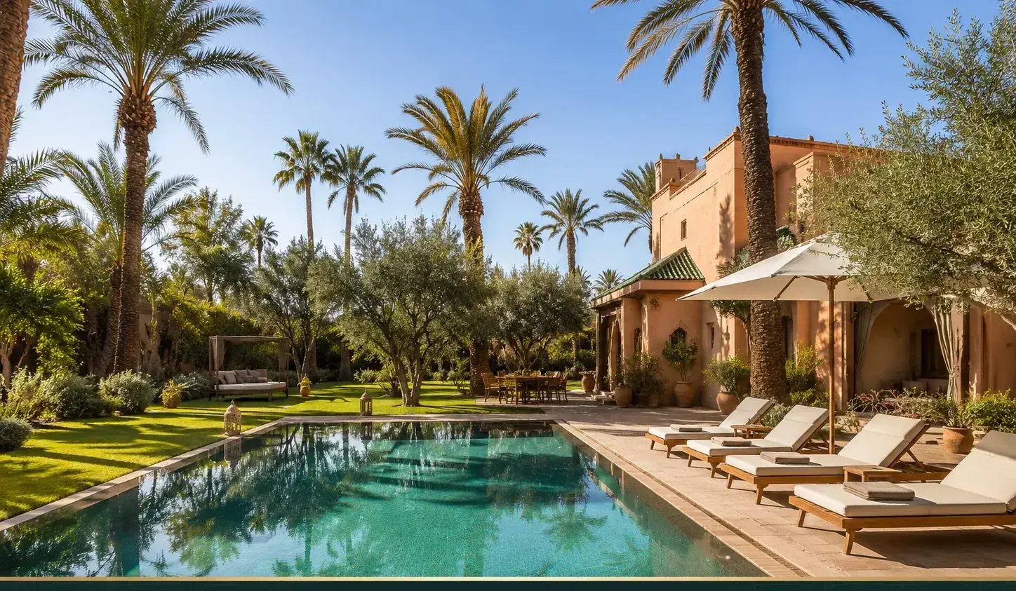 Villa privée de la Palmeraie avec piscine entourée de palmiers à Marrakech